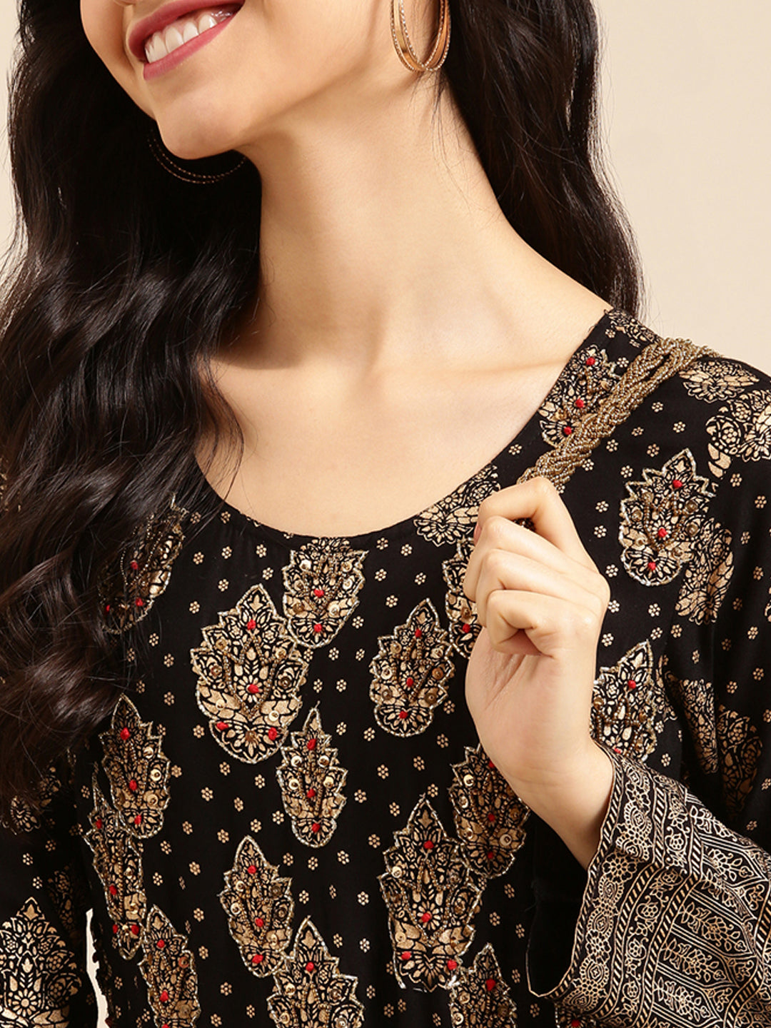 Women's Black Printed A-Line Kurta