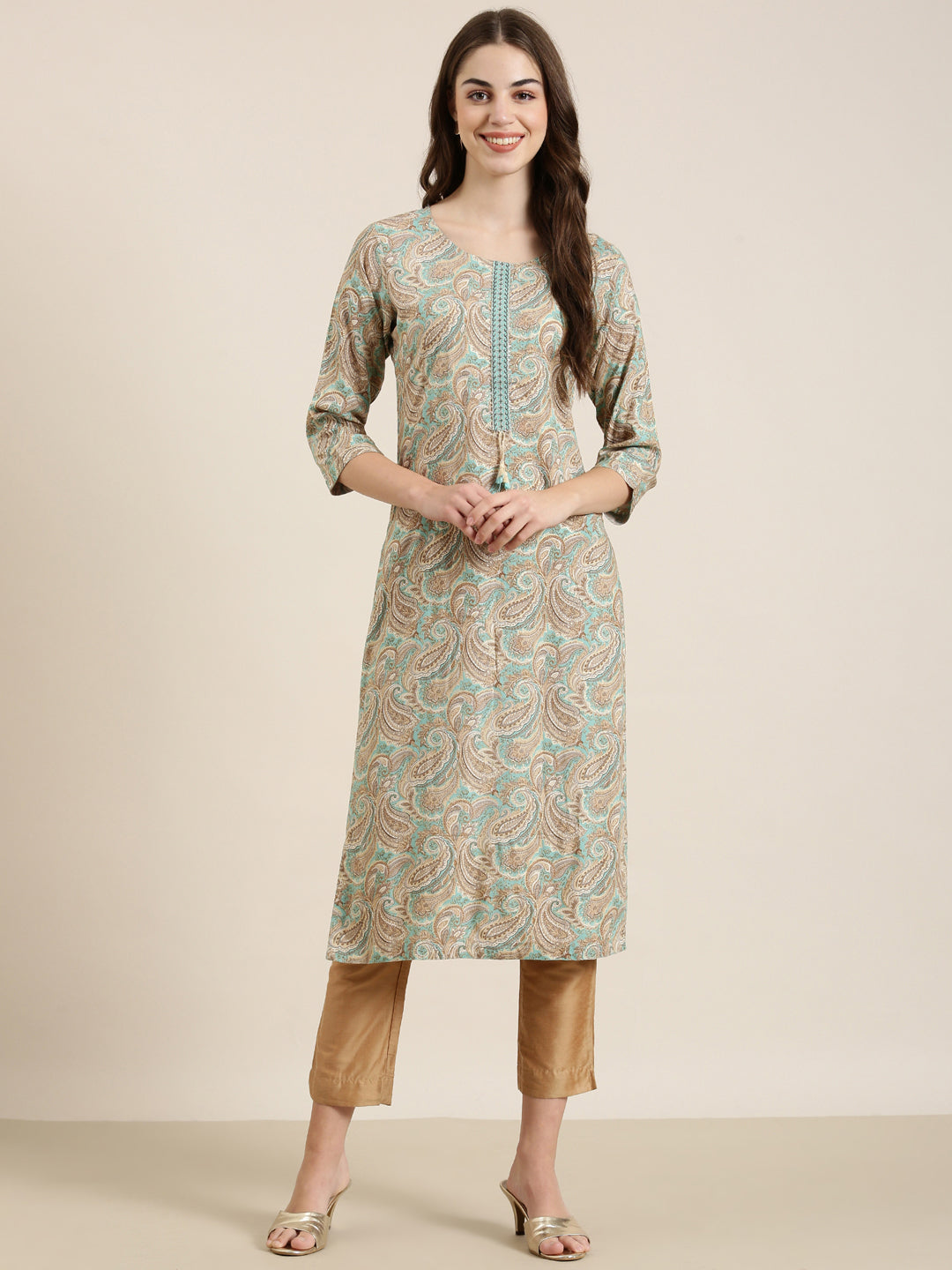 Women Sea Green Paisley Straight Kurta