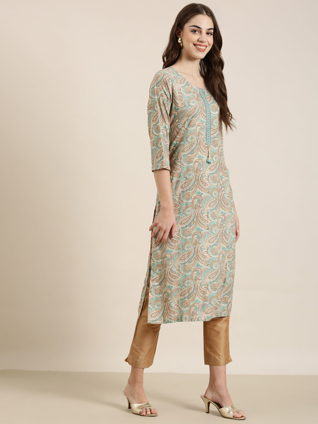 Women Sea Green Paisley Straight Kurta