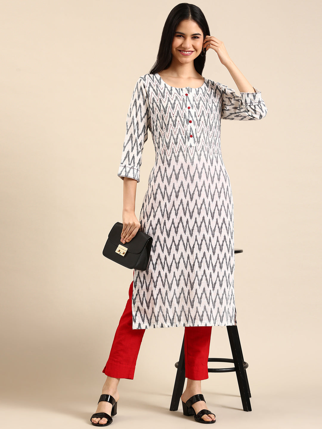 Women's White Printed A-Line Kurta