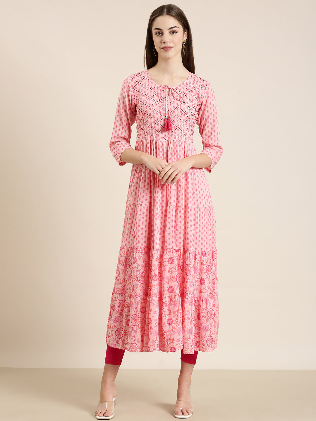 Women Pink Floral Anarkali Kurta