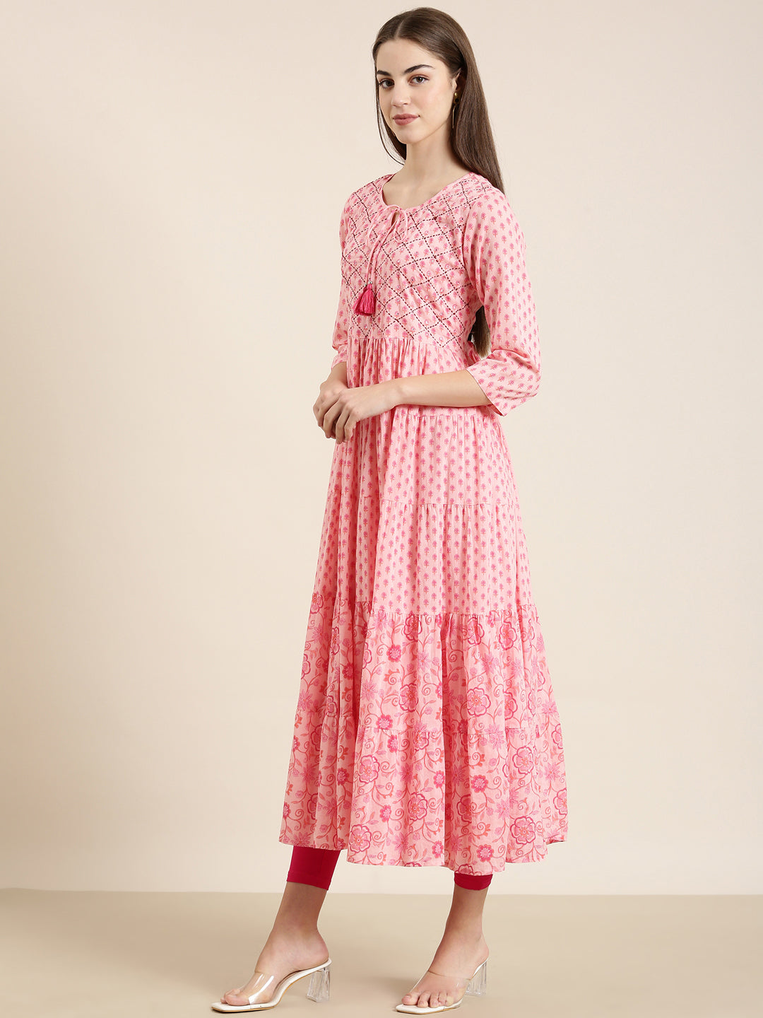 Women Pink Floral Anarkali Kurta