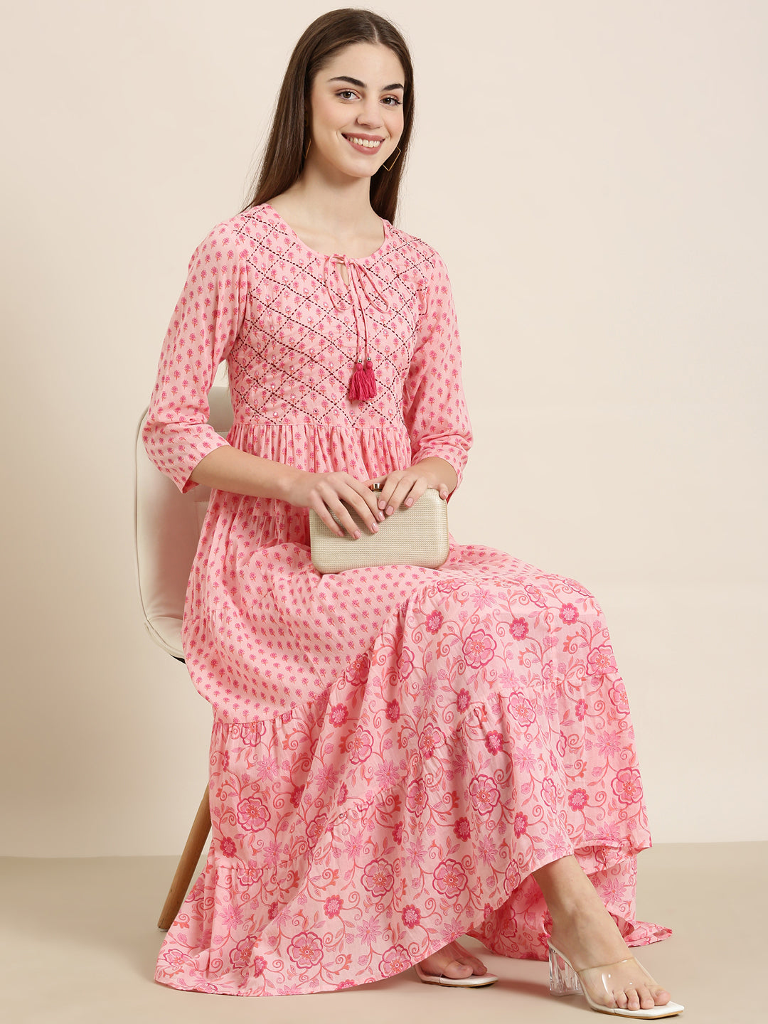 Women Pink Floral Anarkali Kurta