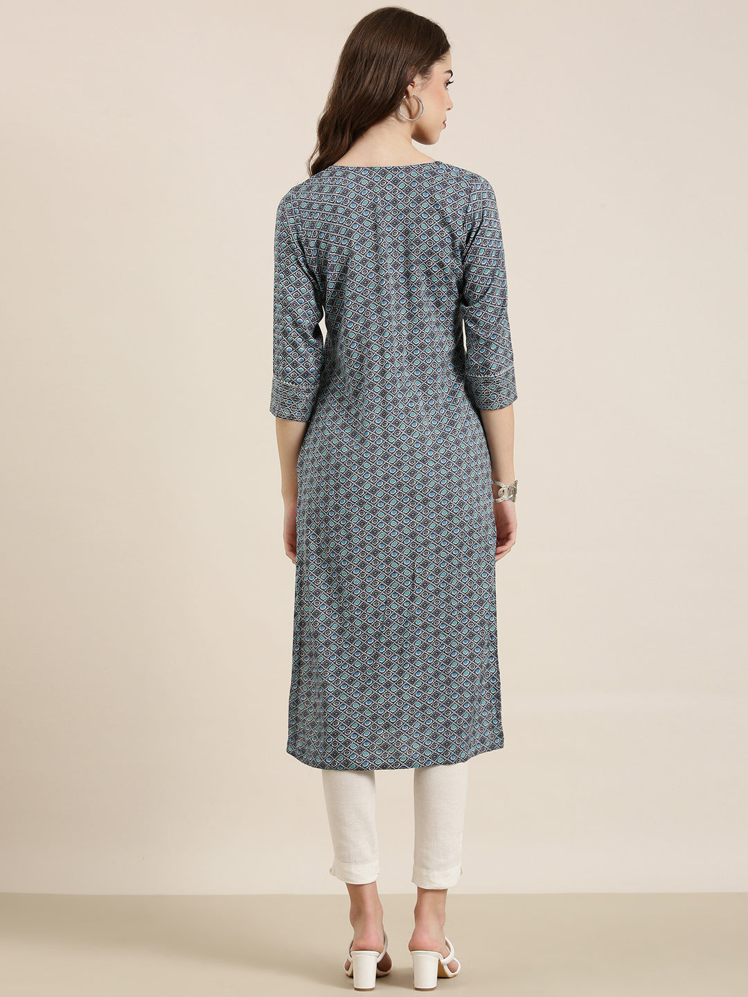 Women Navy Blue Printed Straight Kurta