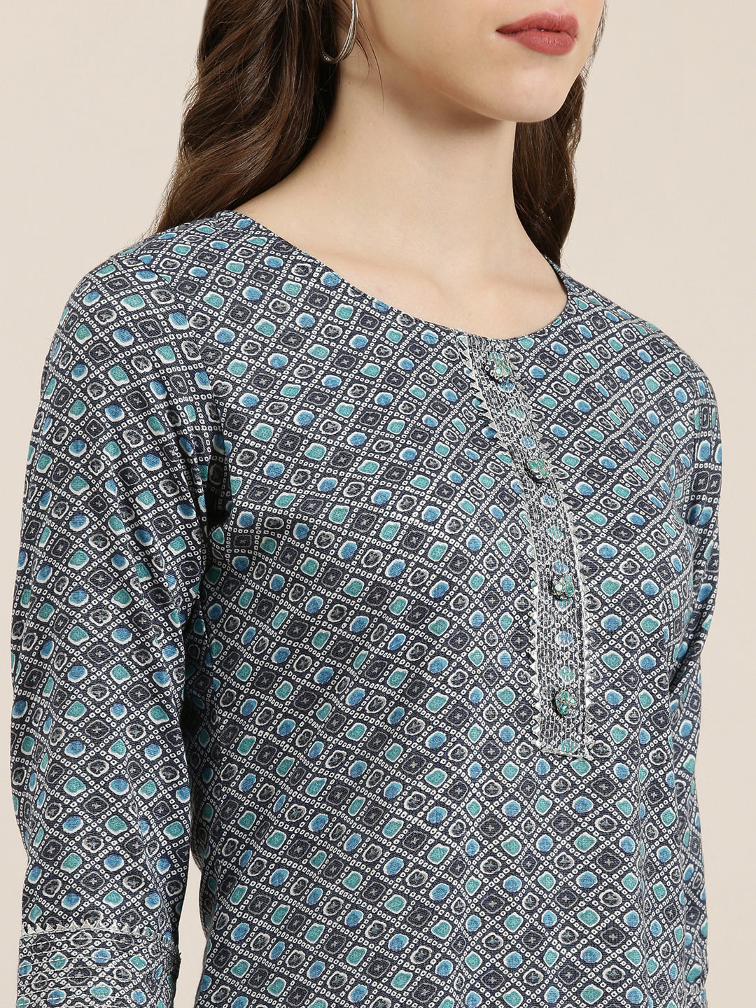 Women Navy Blue Printed Straight Kurta