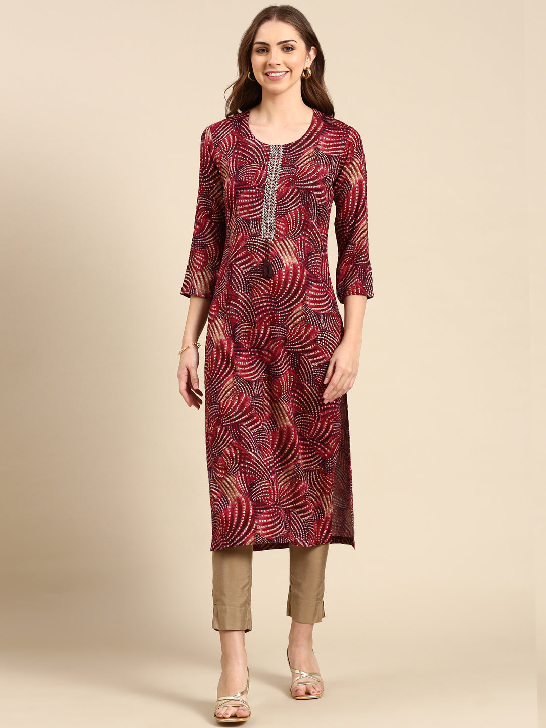 Women's Burgundy Printed Straight Kurta