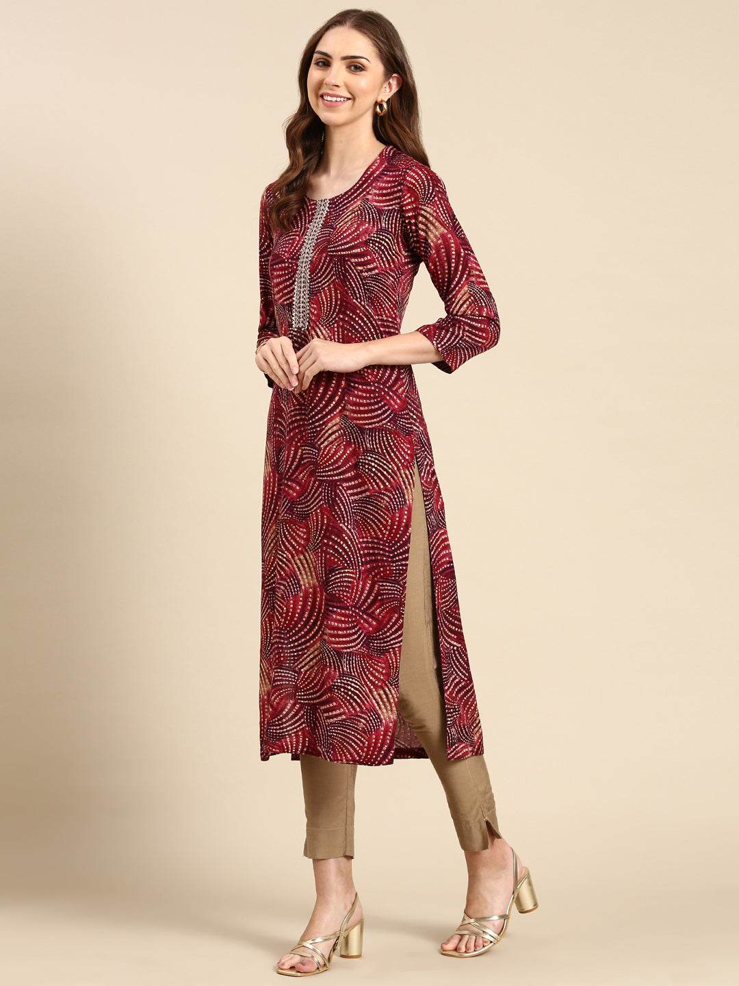 Women's Burgundy Printed Straight Kurta