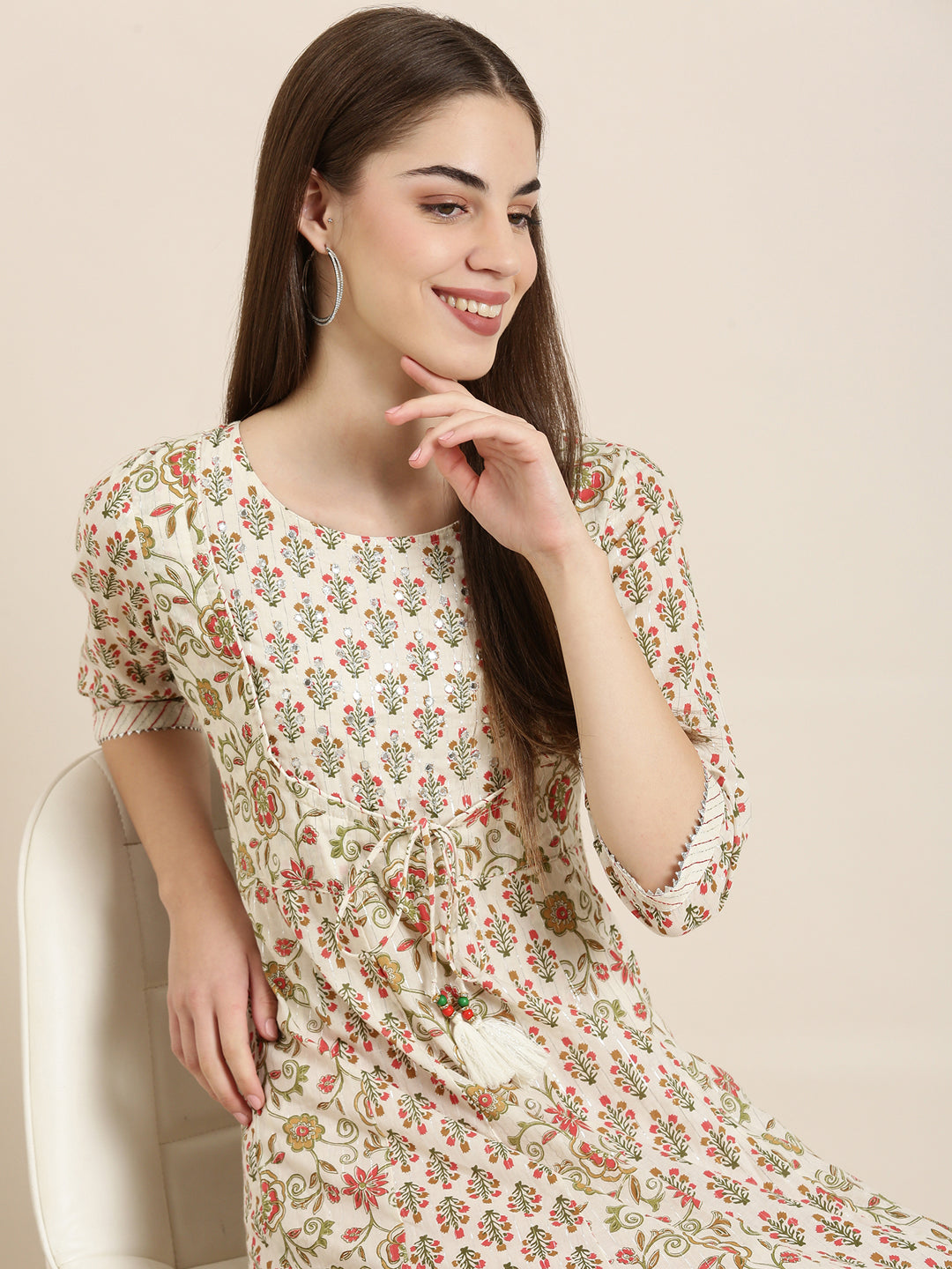 Women Cream Floral Anarkali Kurta