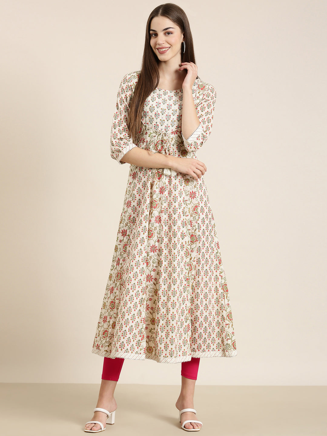 Women Cream Floral Anarkali Kurta