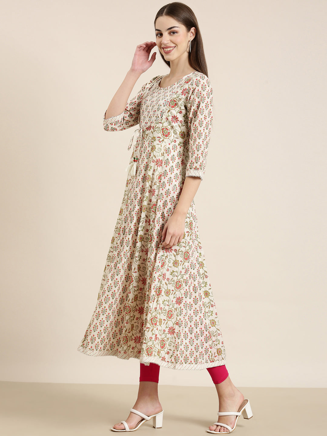 Women Cream Floral Anarkali Kurta