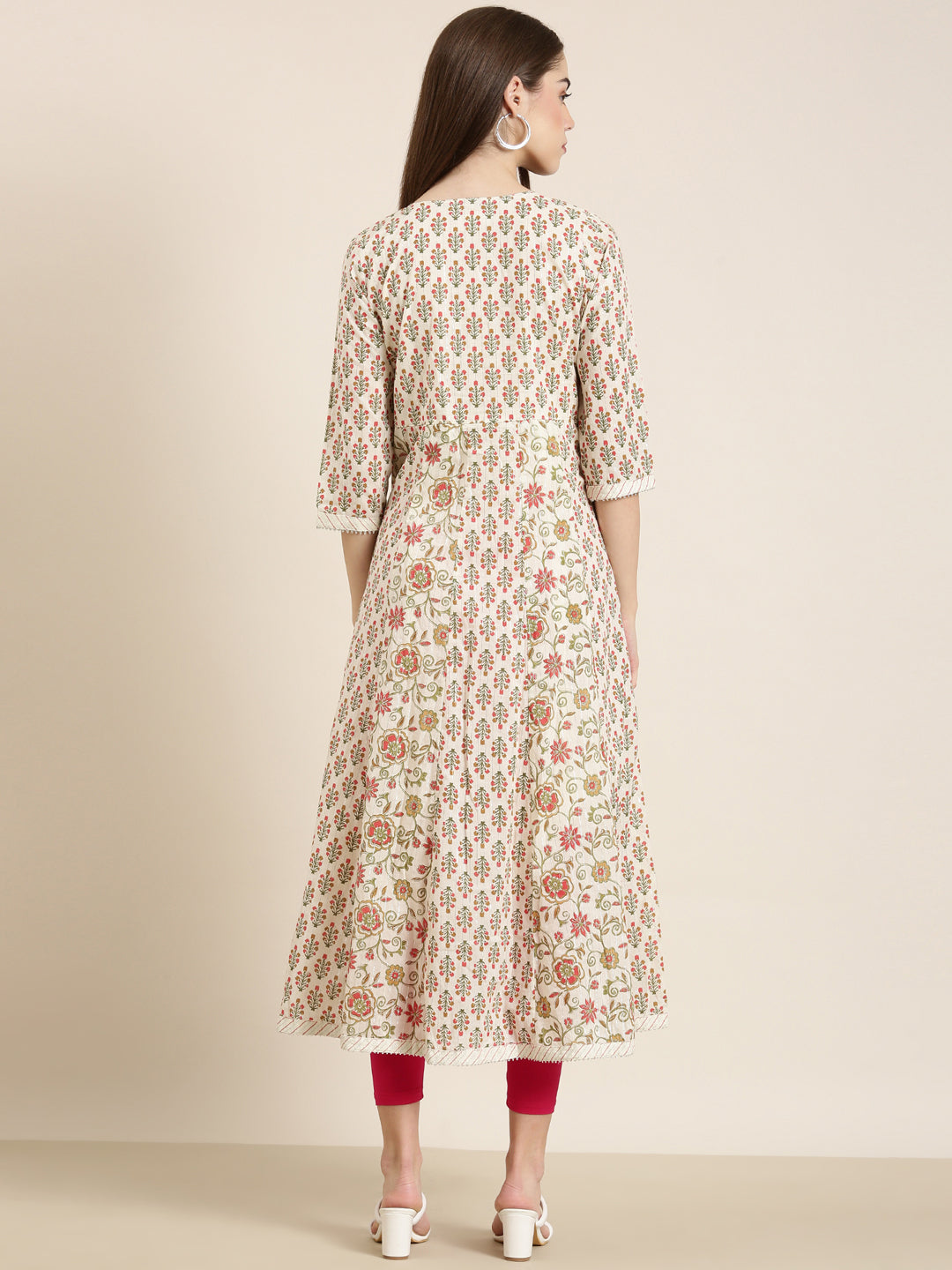 Women Cream Floral Anarkali Kurta