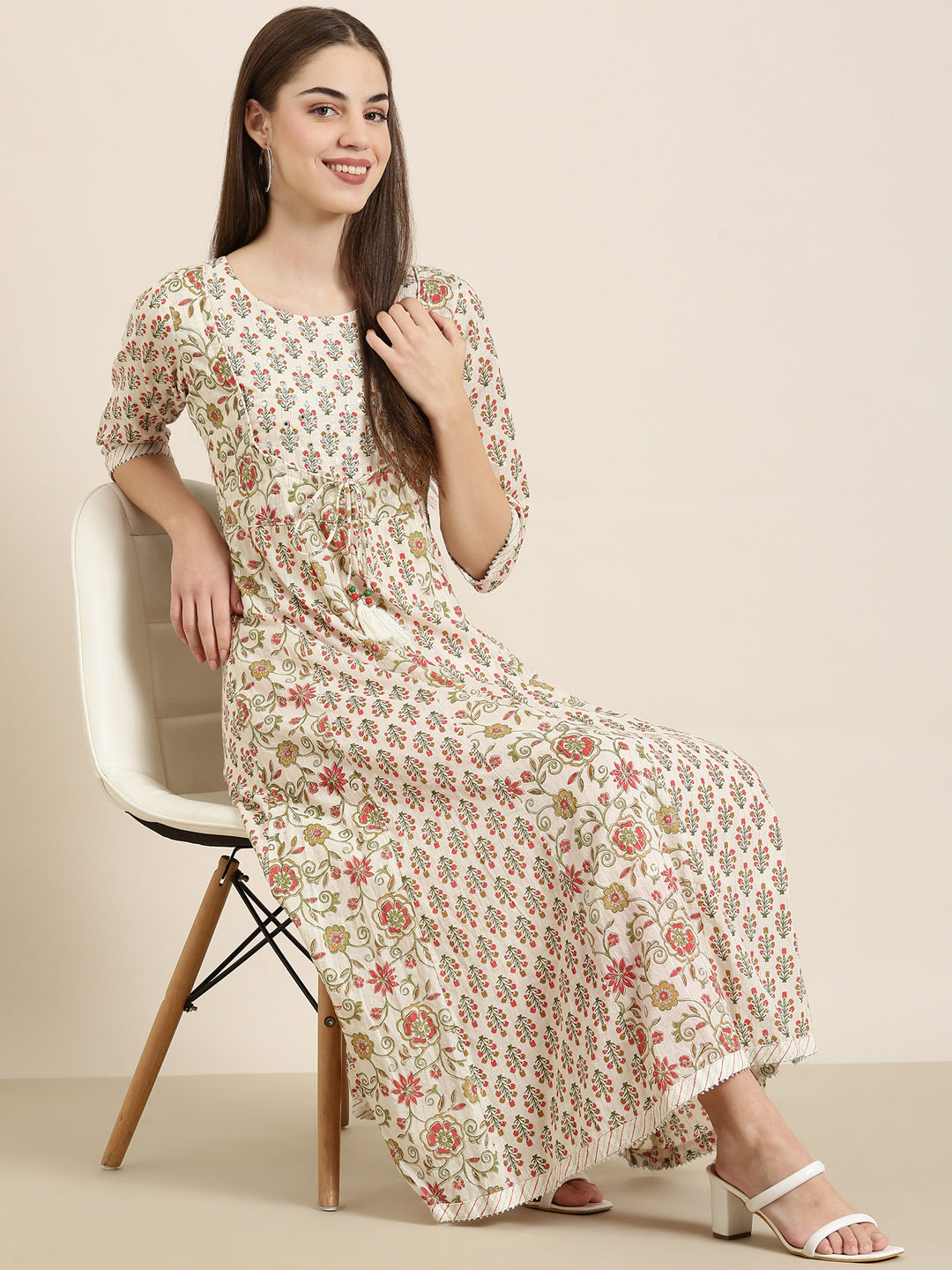 Women Cream Floral Anarkali Kurta