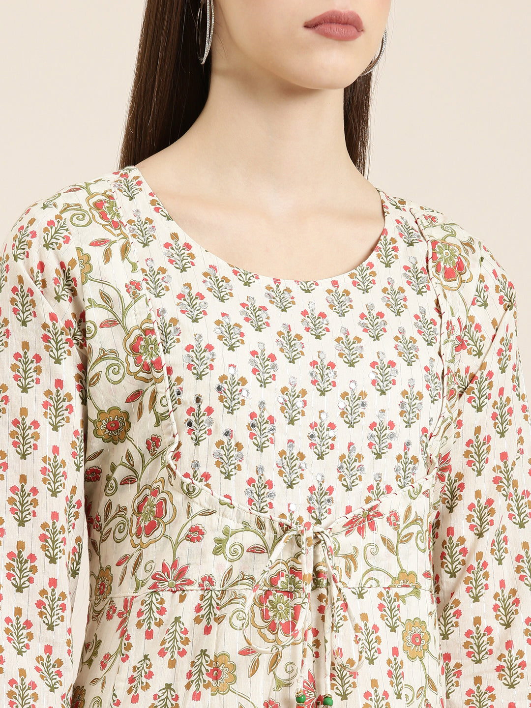 Women Cream Floral Anarkali Kurta