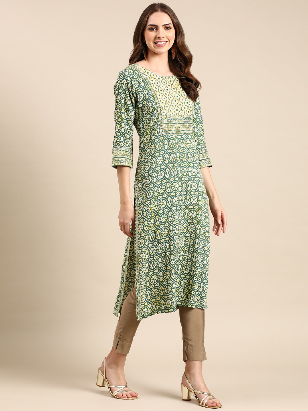 Women's Green Printed Straight Kurta