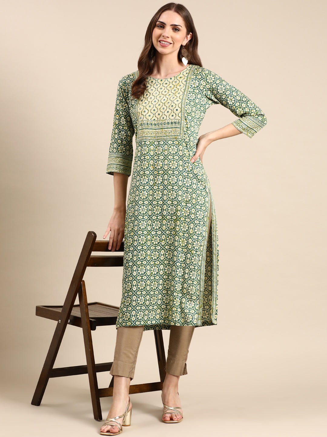 Women's Green Printed Straight Kurta