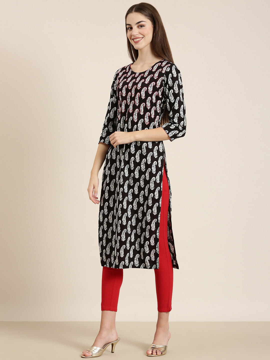 Women Black Printed Straight Kurta