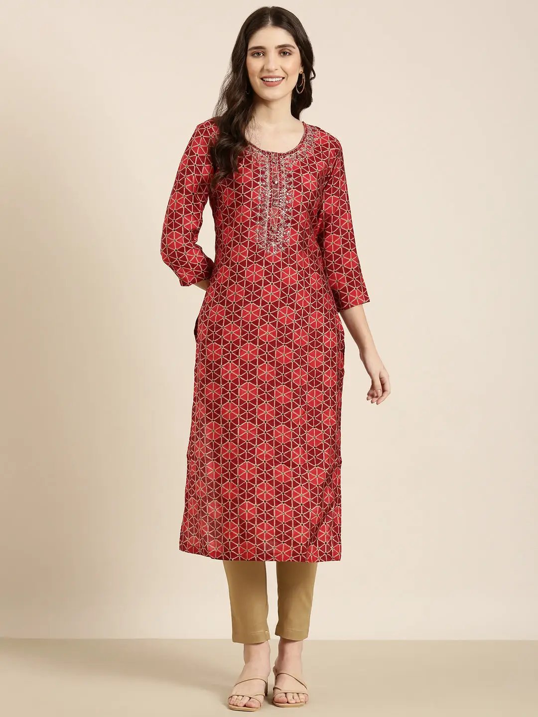 Women's Burgundy Geometrical Straight Kurta