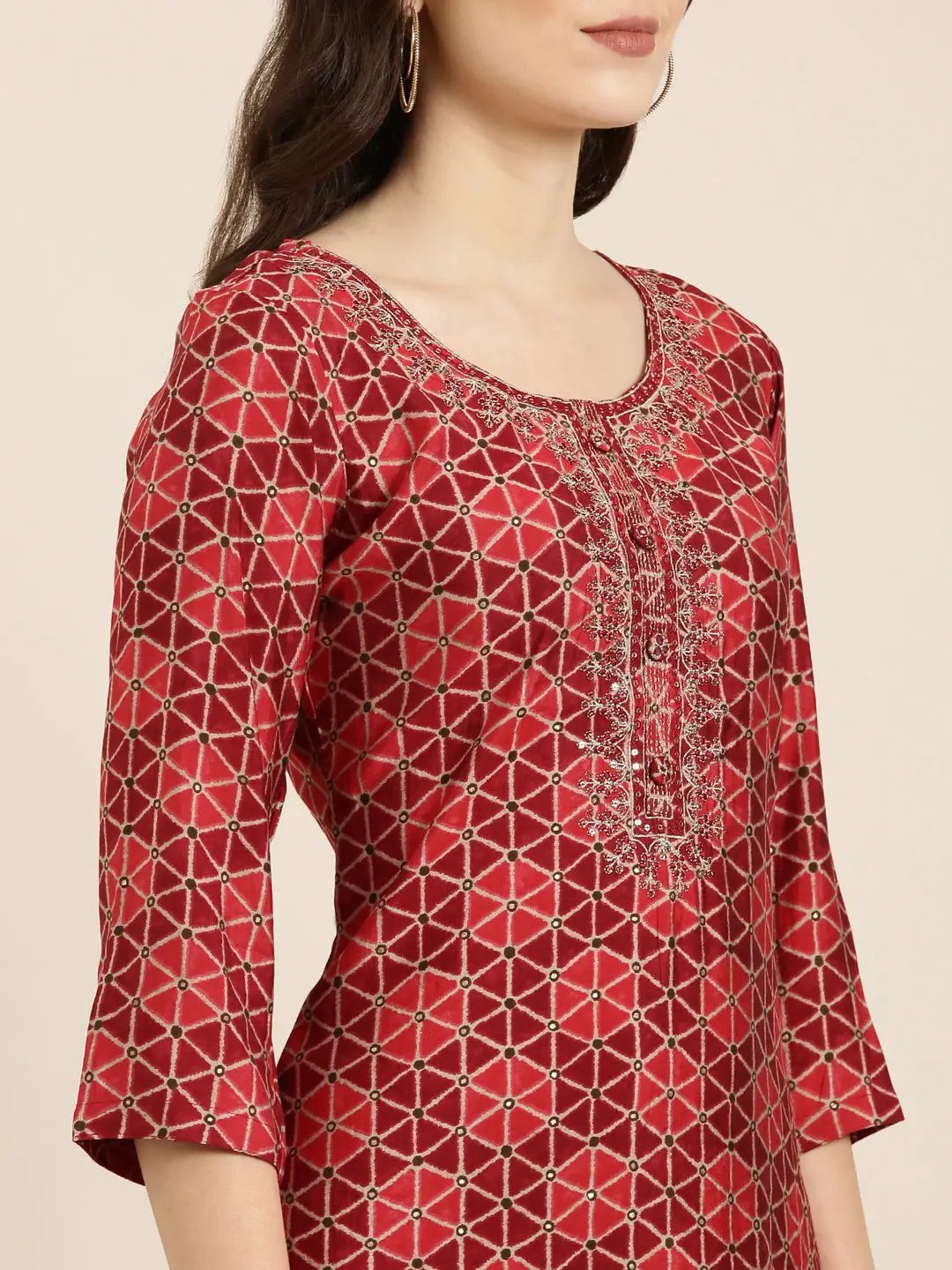 Women's Burgundy Geometrical Straight Kurta