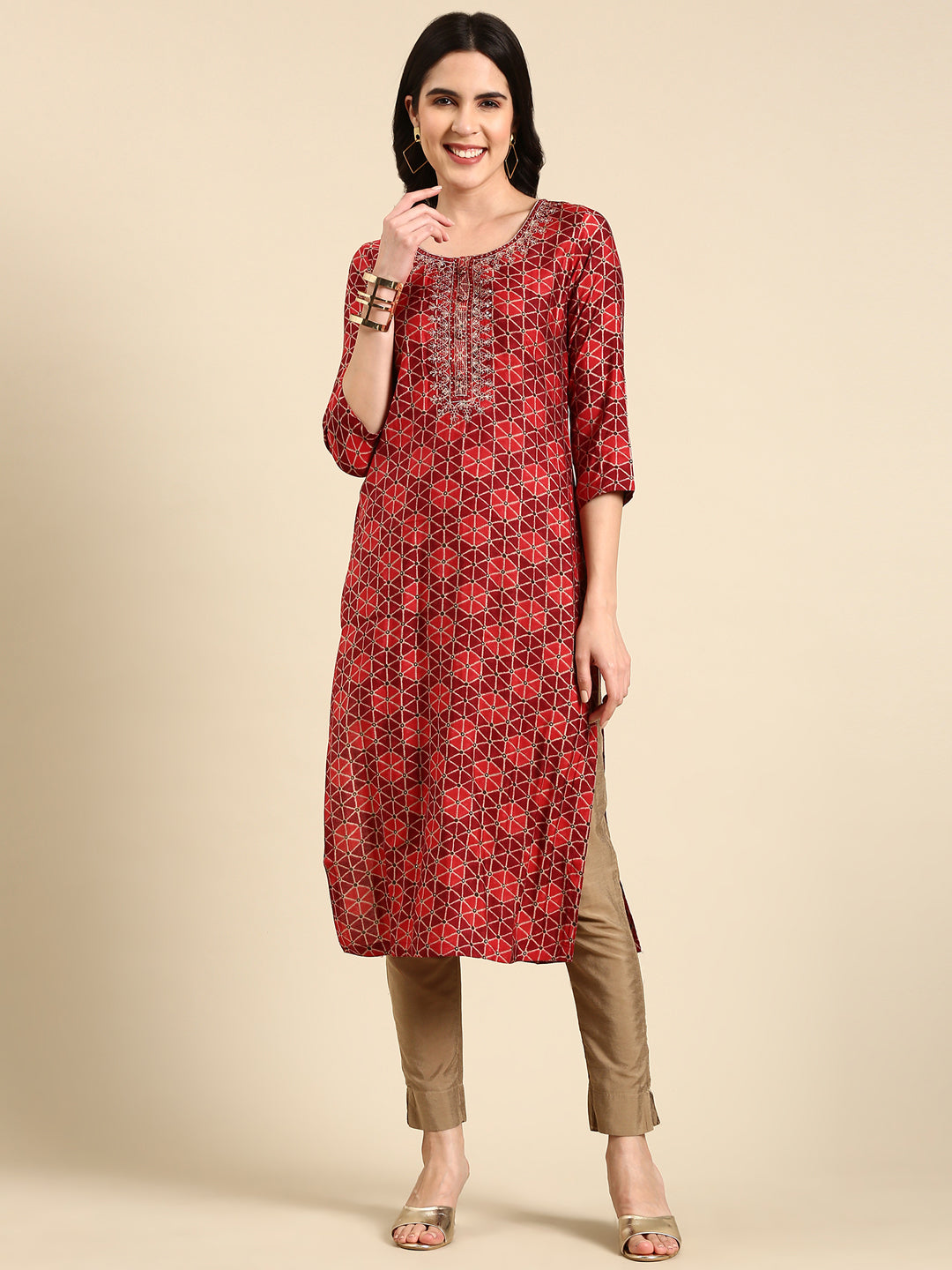 Women's Maroon Printed Straight Kurta