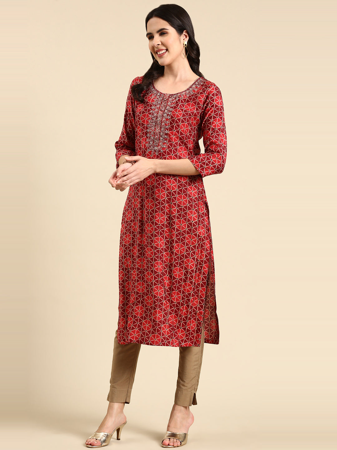 Women's Maroon Printed Straight Kurta