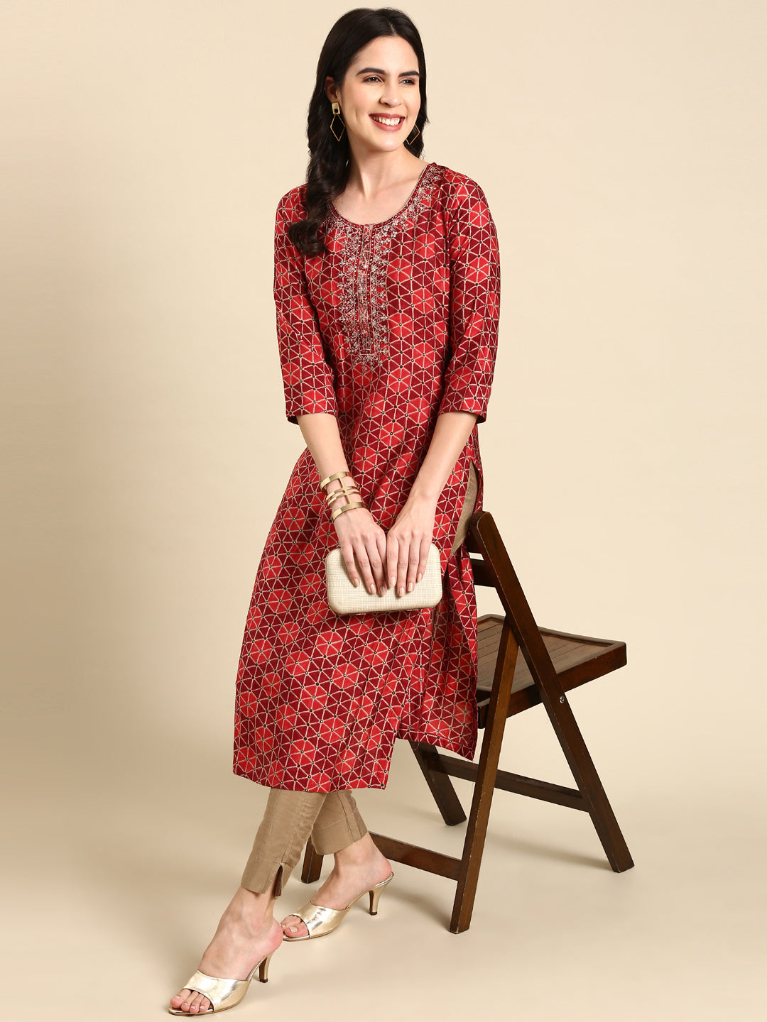 Women's Maroon Printed Straight Kurta