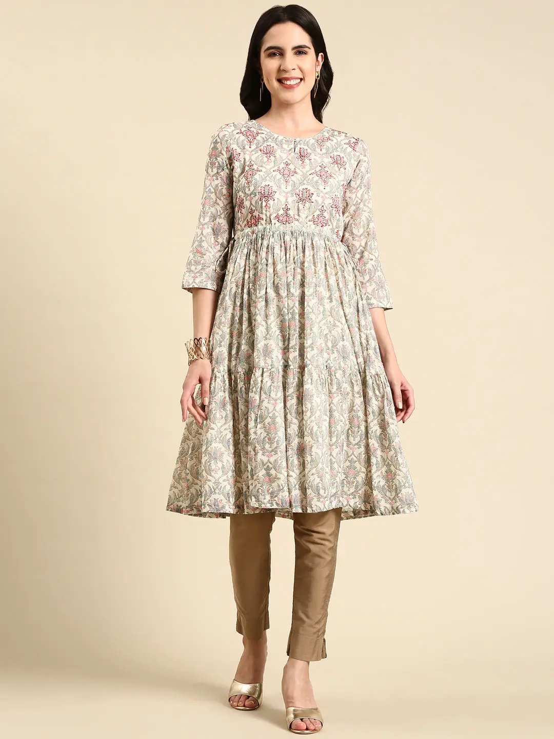 Women's Cream Pleated Floral Printed Anarkali Kurta