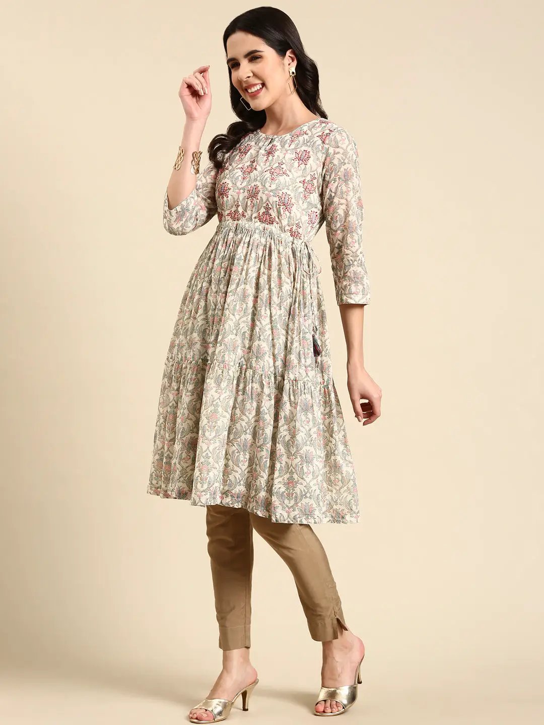 Women's Cream Pleated Floral Printed Anarkali Kurta