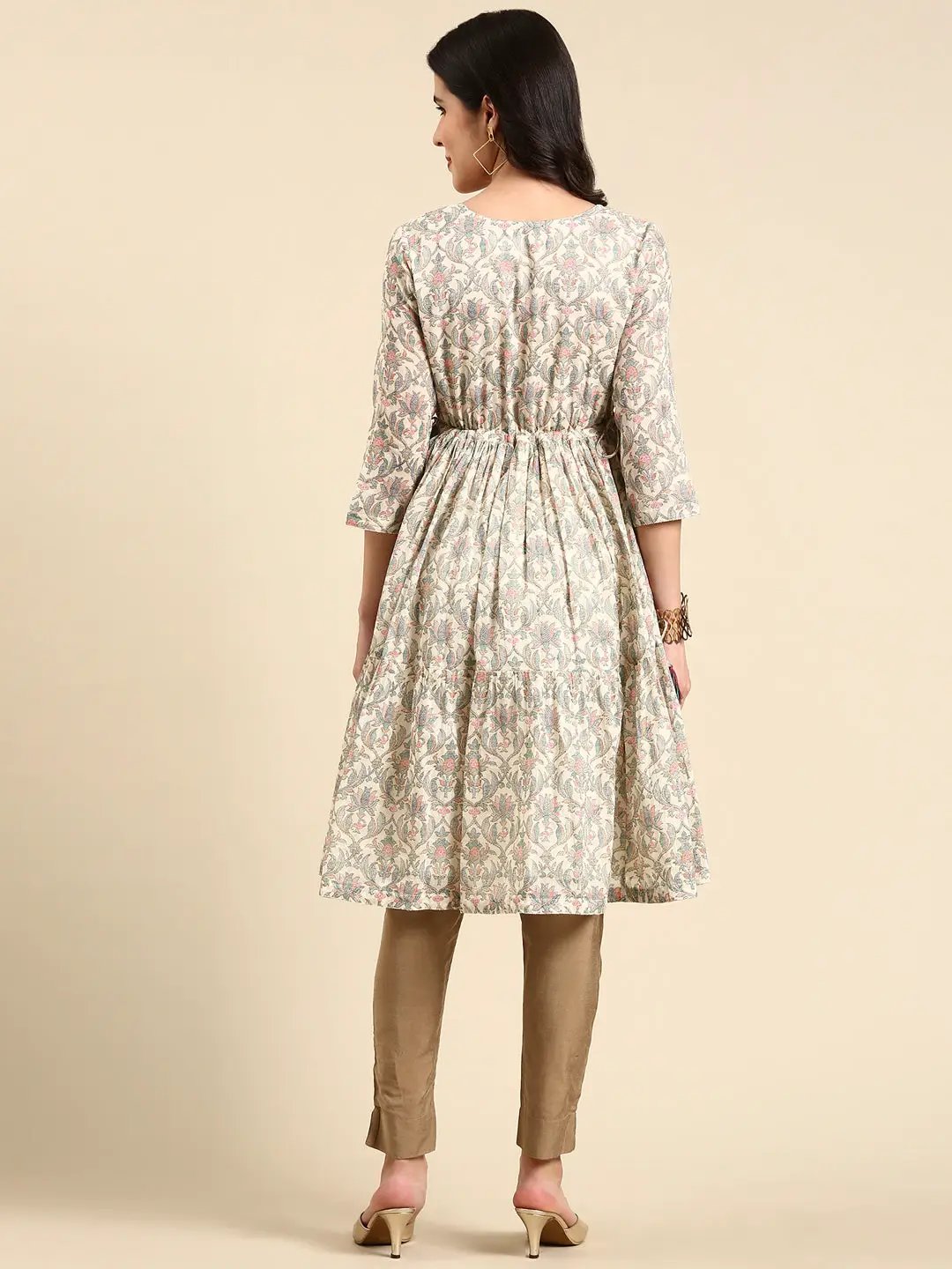 Women's Cream Pleated Floral Printed Anarkali Kurta