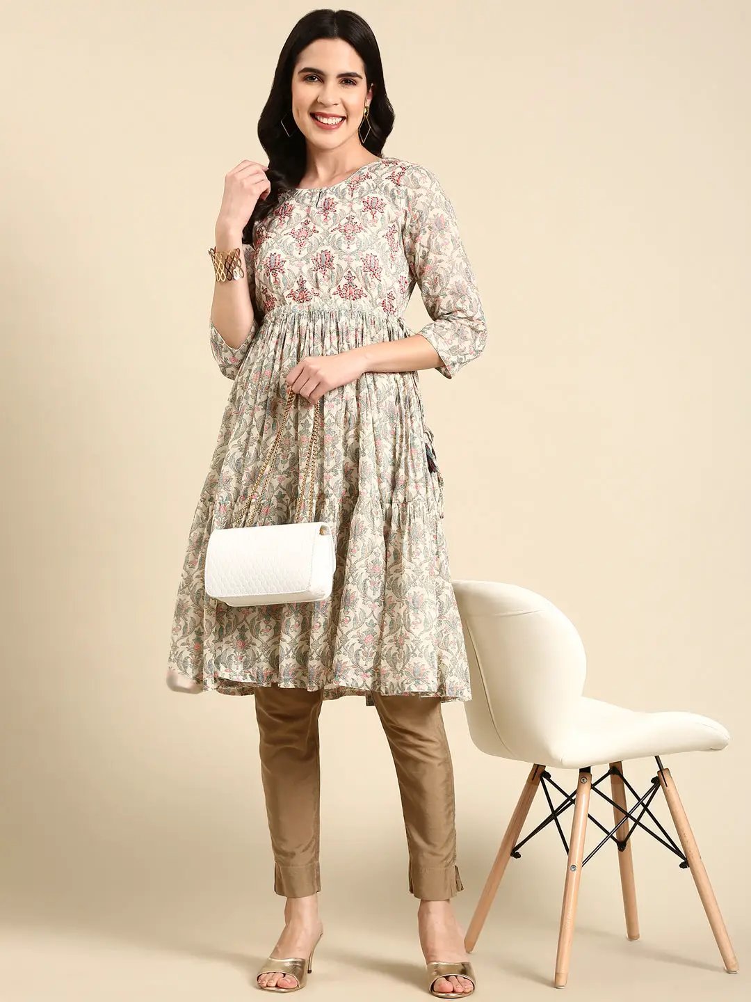 Women's Cream Pleated Floral Printed Anarkali Kurta