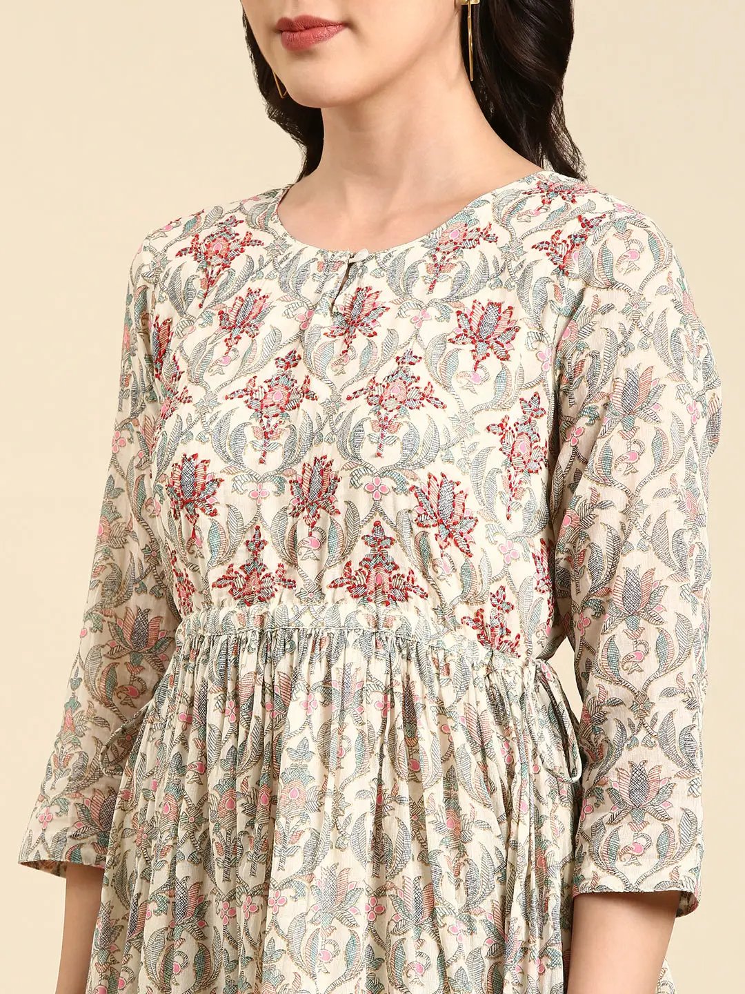 Women's Cream Pleated Floral Printed Anarkali Kurta