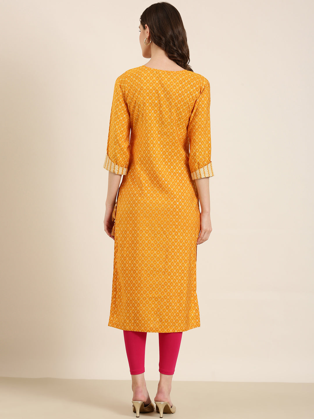 Women Mustard Printed Straight Kurta