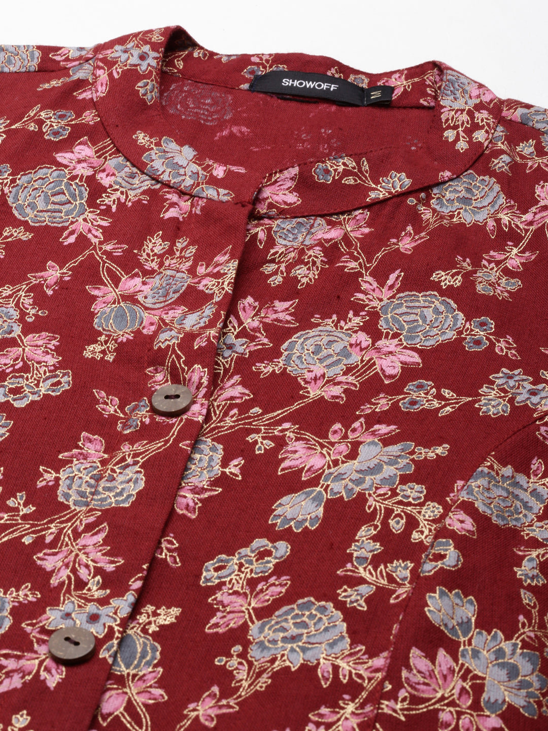 Women's Maroon Floral Printed A-Line Kurta