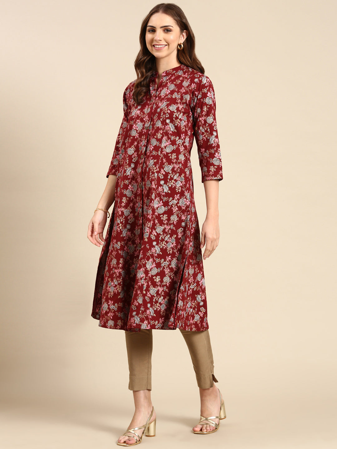 Women's Maroon Floral Printed A-Line Kurta