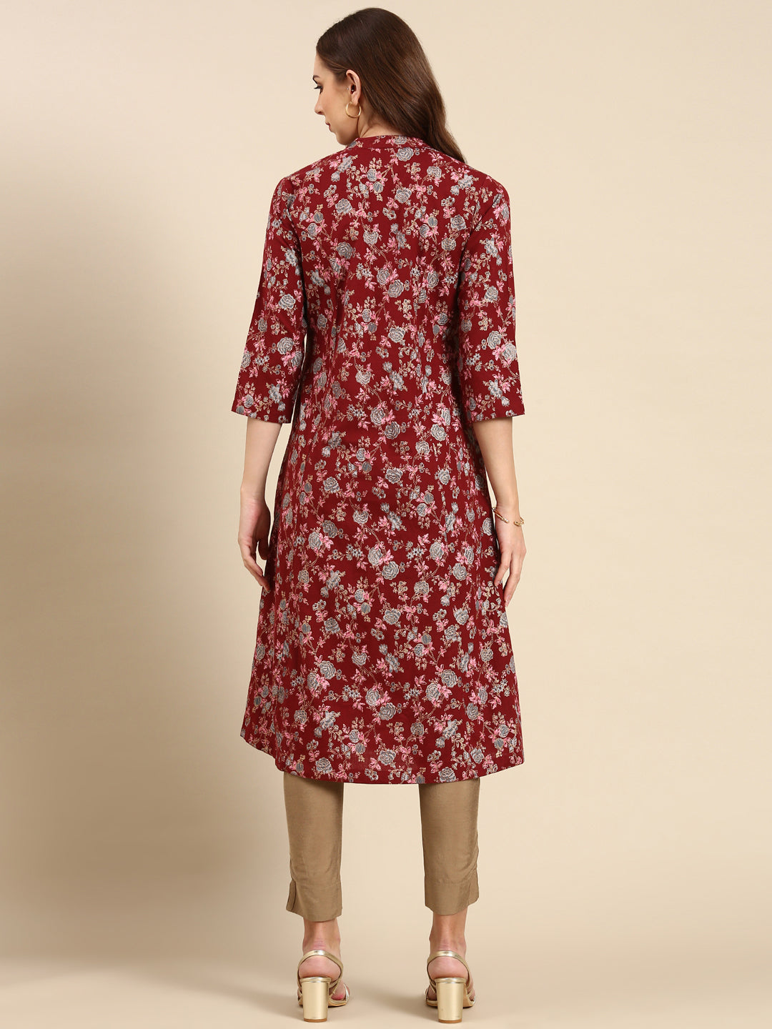Women's Maroon Floral Printed A-Line Kurta