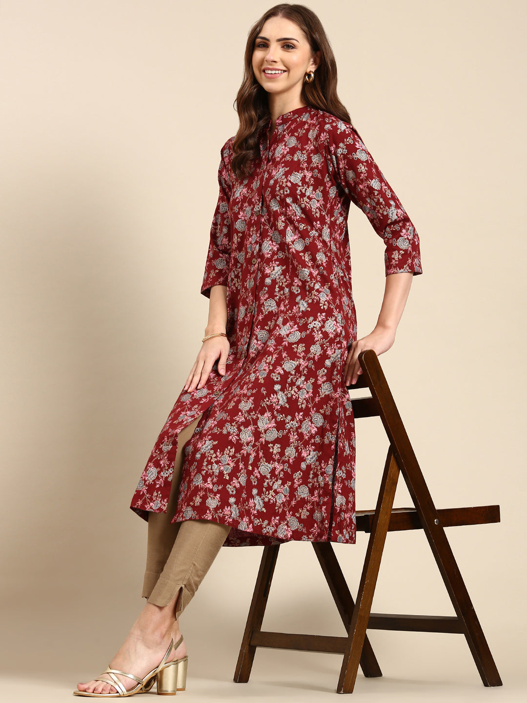 Women's Maroon Floral Printed A-Line Kurta