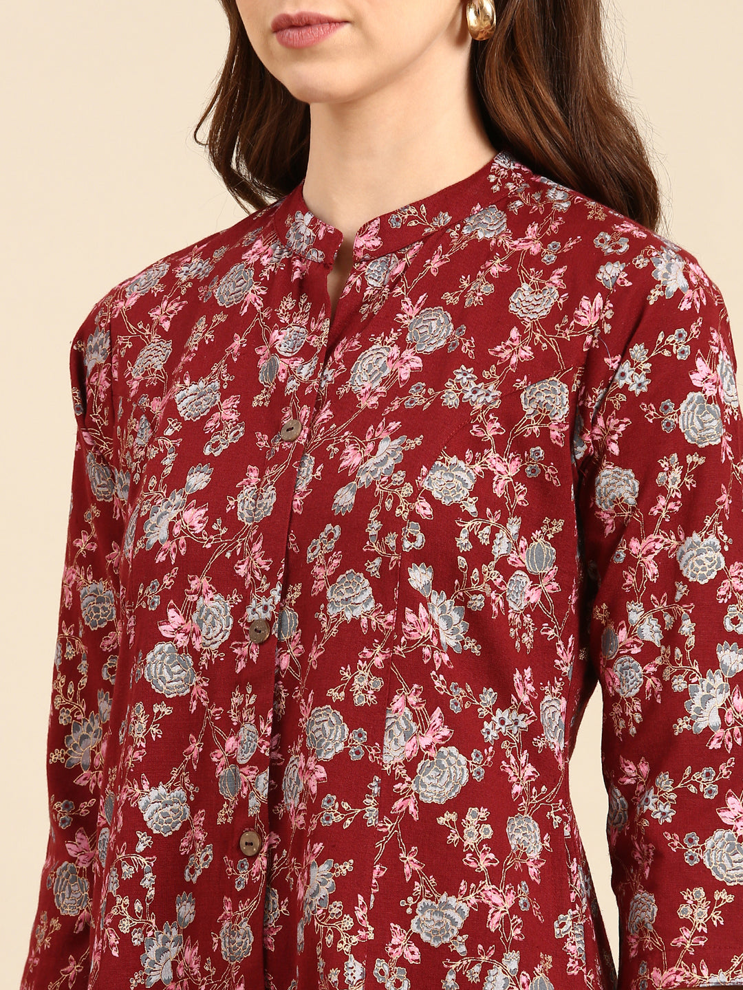 Women's Maroon Floral Printed A-Line Kurta