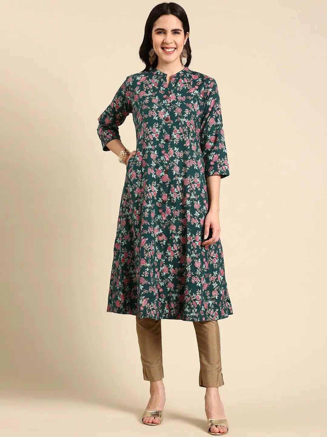 Women's Teal Printed A-Line Kurta
