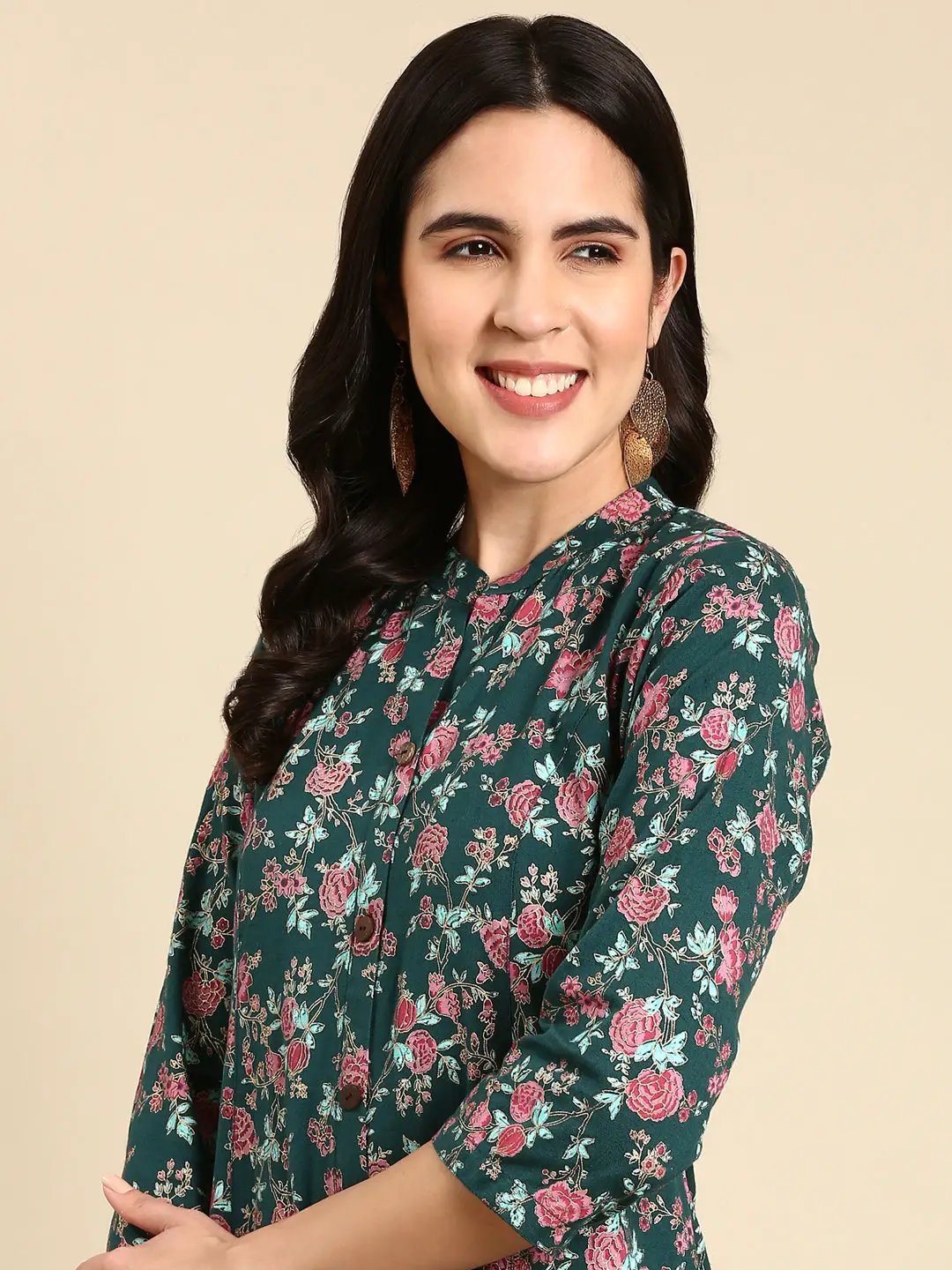 Women's Teal Printed A-Line Kurta