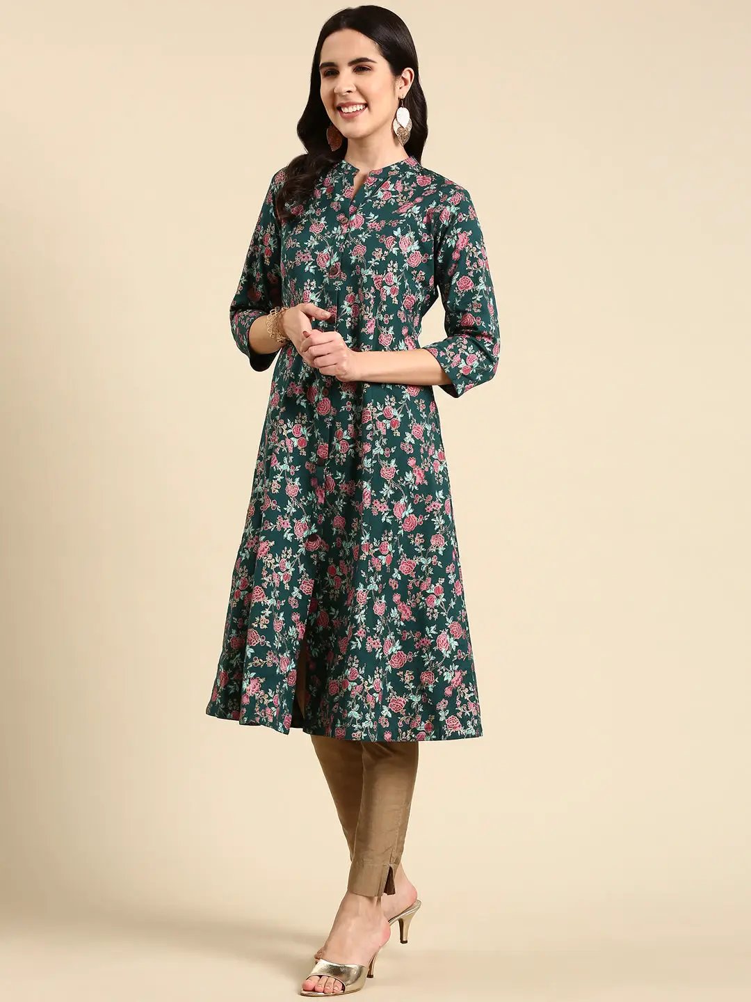 Women's Teal Printed A-Line Kurta