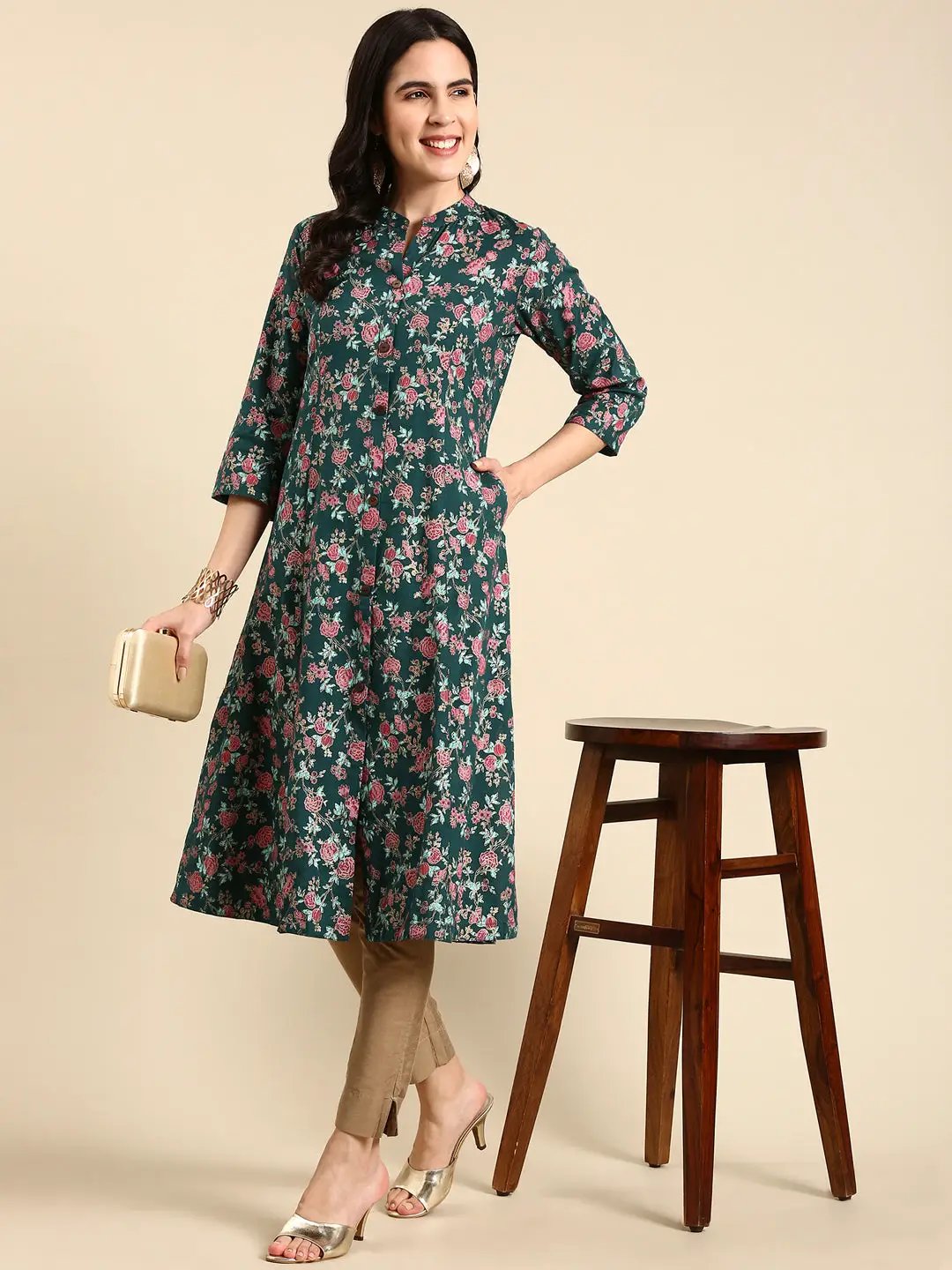 Women's Teal Printed A-Line Kurta