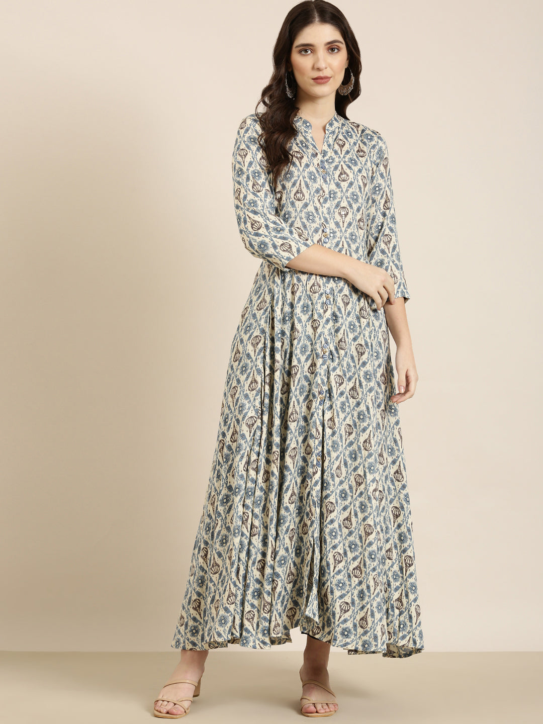 Women Cream Floral Anarkali Kurta