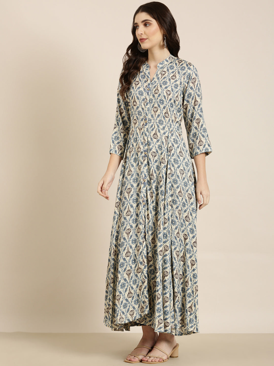 Women Cream Floral Anarkali Kurta