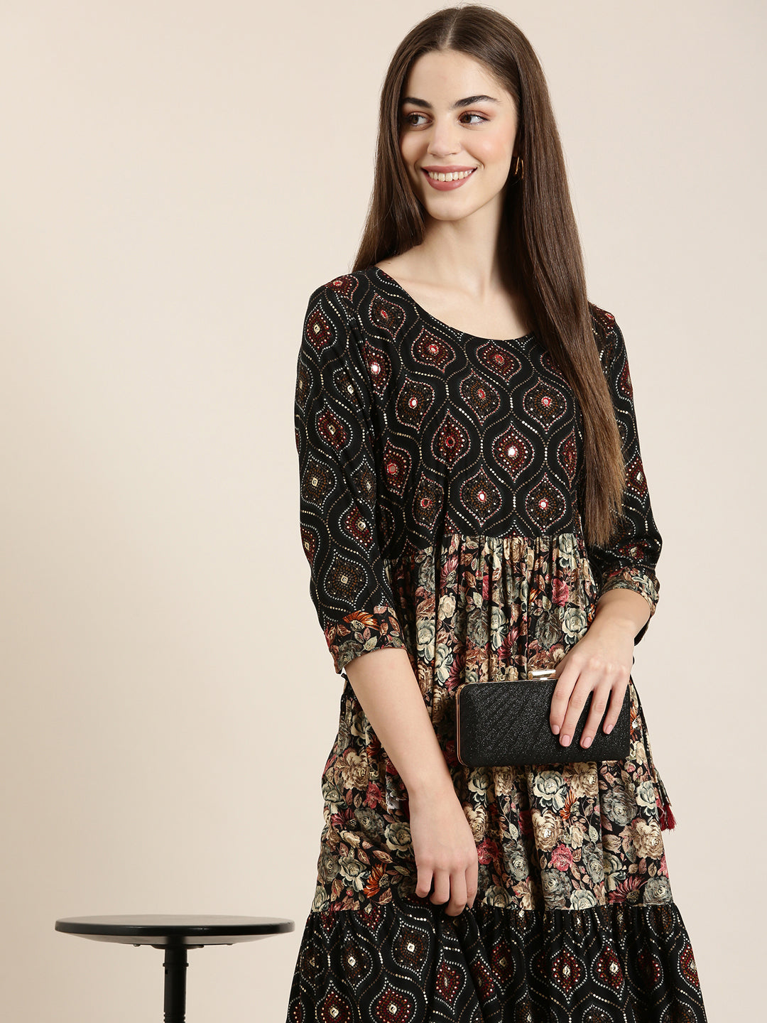 Women Black Floral Anarkali Kurta