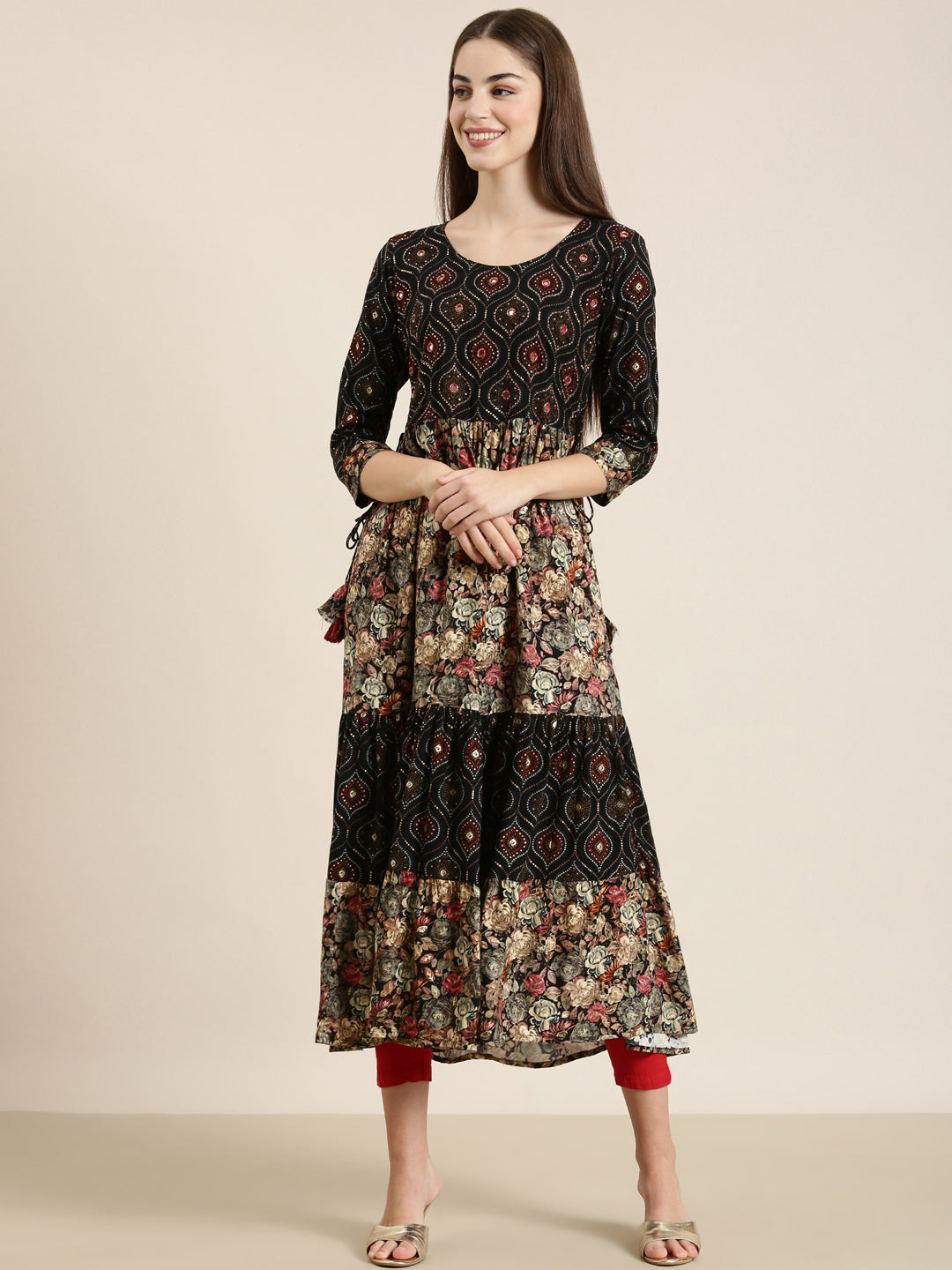 Women Black Floral Anarkali Kurta