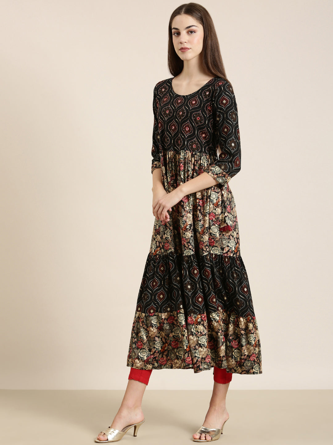 Women Black Floral Anarkali Kurta