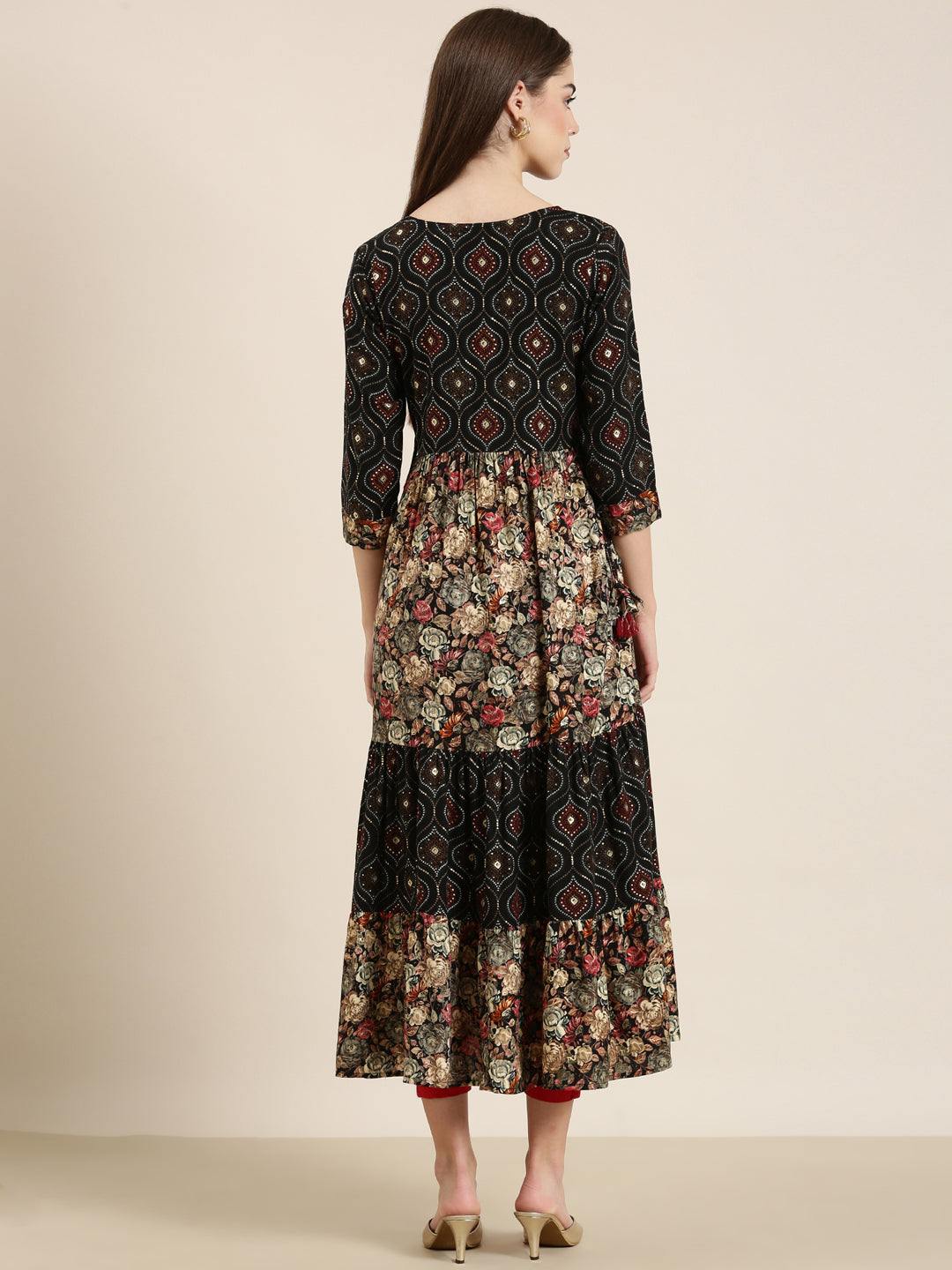 Women Black Floral Anarkali Kurta