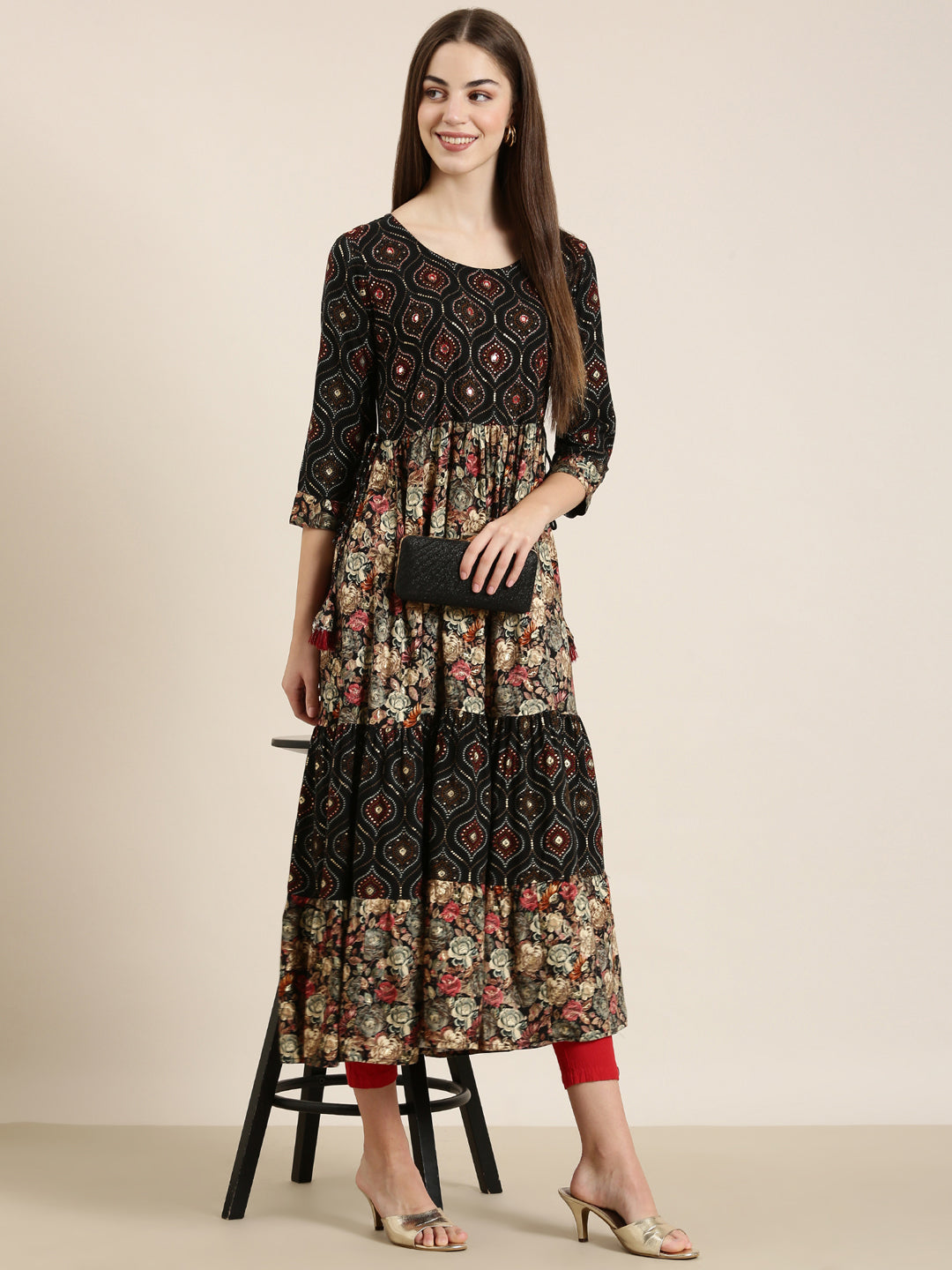 Women Black Floral Anarkali Kurta