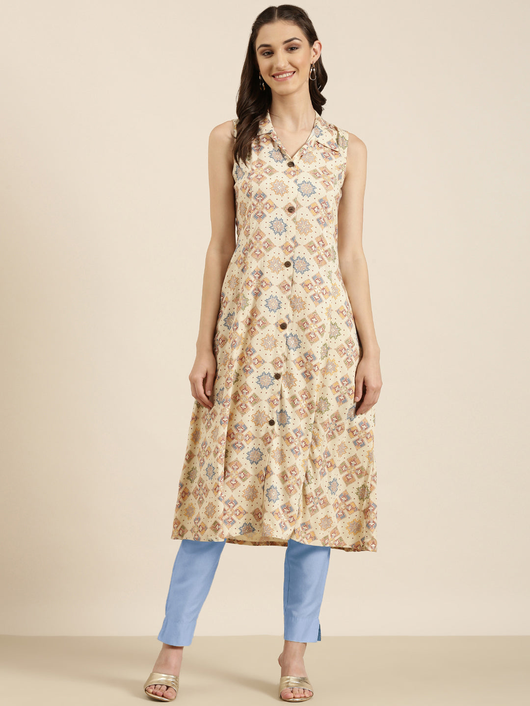 Women Cream Geometrical A-Line Kurta