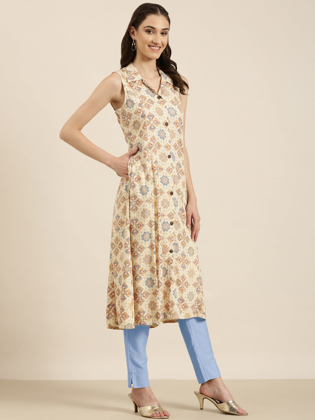 Women Cream Geometrical A-Line Kurta