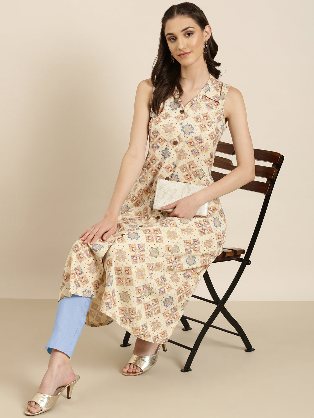 Women Cream Geometrical A-Line Kurta